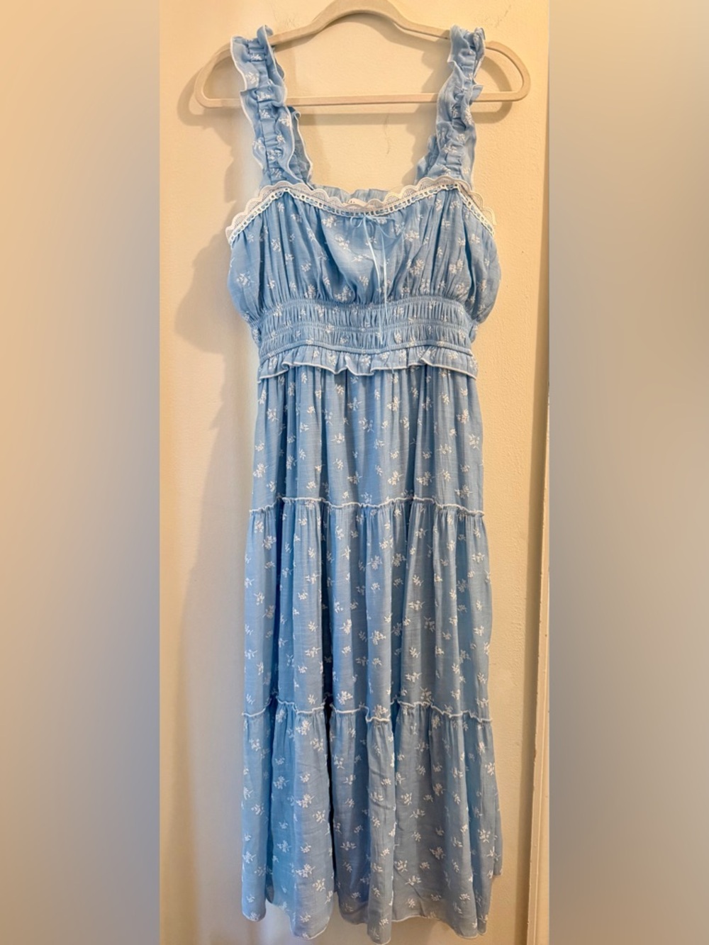 Palm & Flower Smocked Light Blue Floral Maxi Dress with Tiered Skirt